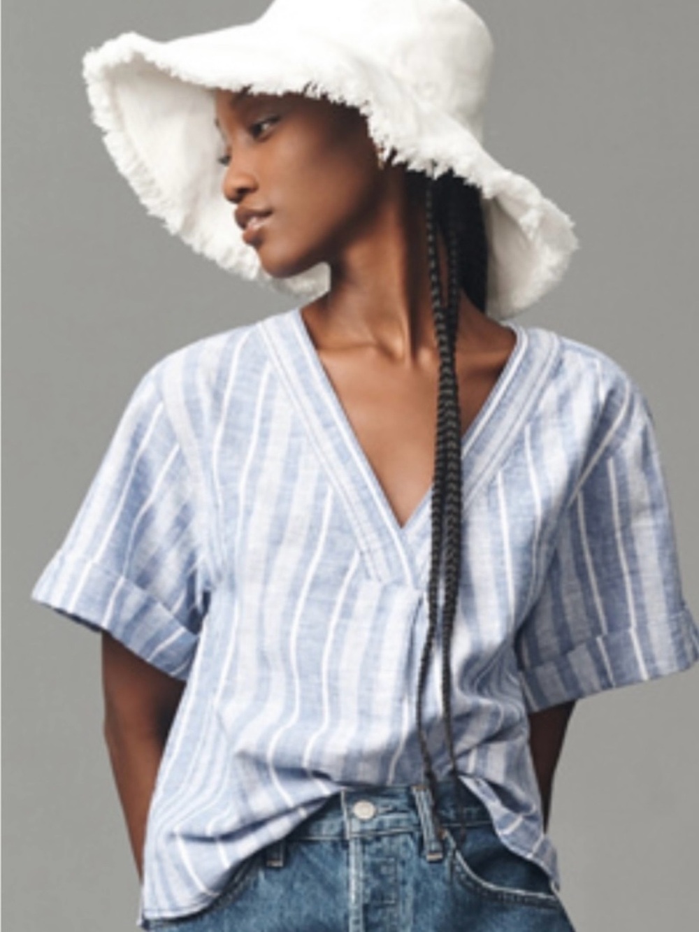 Pilcro Blue and White Striped Woven V-Neck Short Sleeve Henley (Anthropologie) - Picture 7 of 7